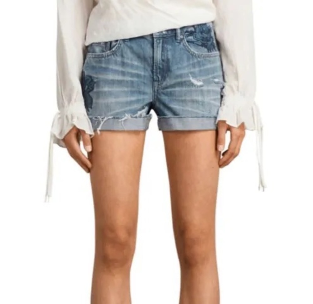 ALLSAINTS Pam Rose Embroidered Cutoff Denim Shorts Size 27